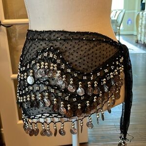 Belly Dancer Waist Wrap Belt Black Pok a dot  Silver Tone Coins Silver Beading